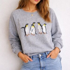 American Eagle Sequin Penguin Sweatshirt Medium Gray Graphic Crewneck Y2K